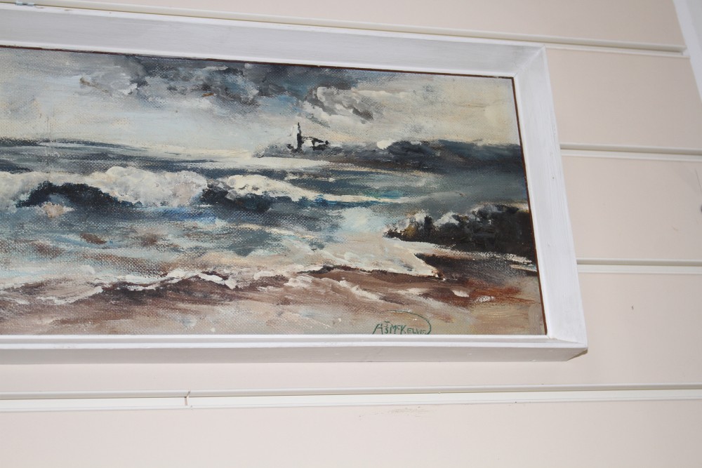 Three Irish works: Ursula Scott, oil on canvas, Coastal landscape, 40 x 50cm, A J S McKelvey, oil on board, Seascape, 20 x 70cm and M L